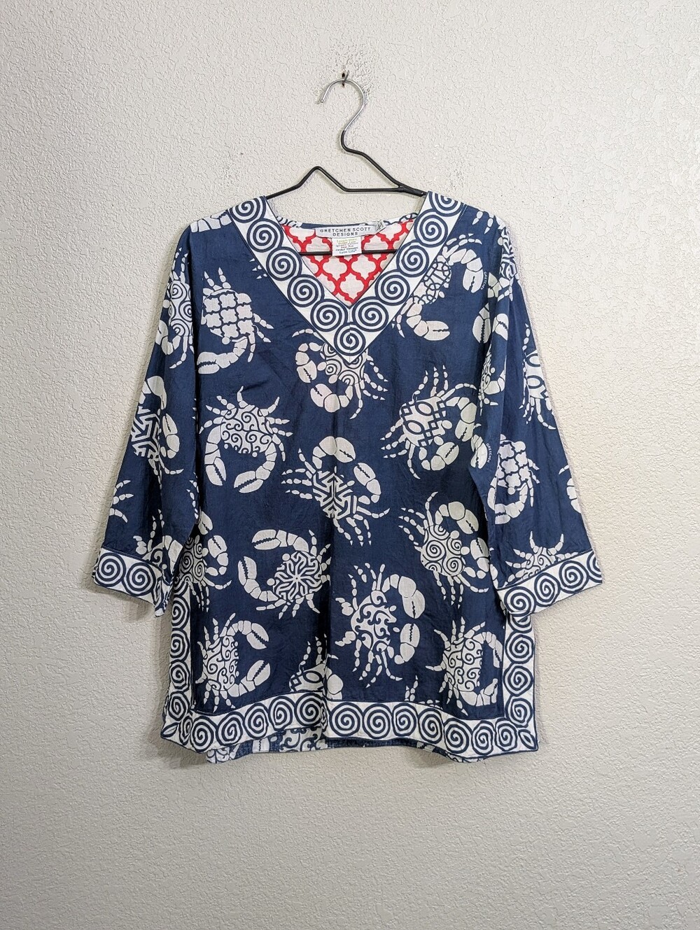 Gretchen Scott Cotton Crab Print Tunic Top Size L Blue White 3/4 Sleeve Beachy